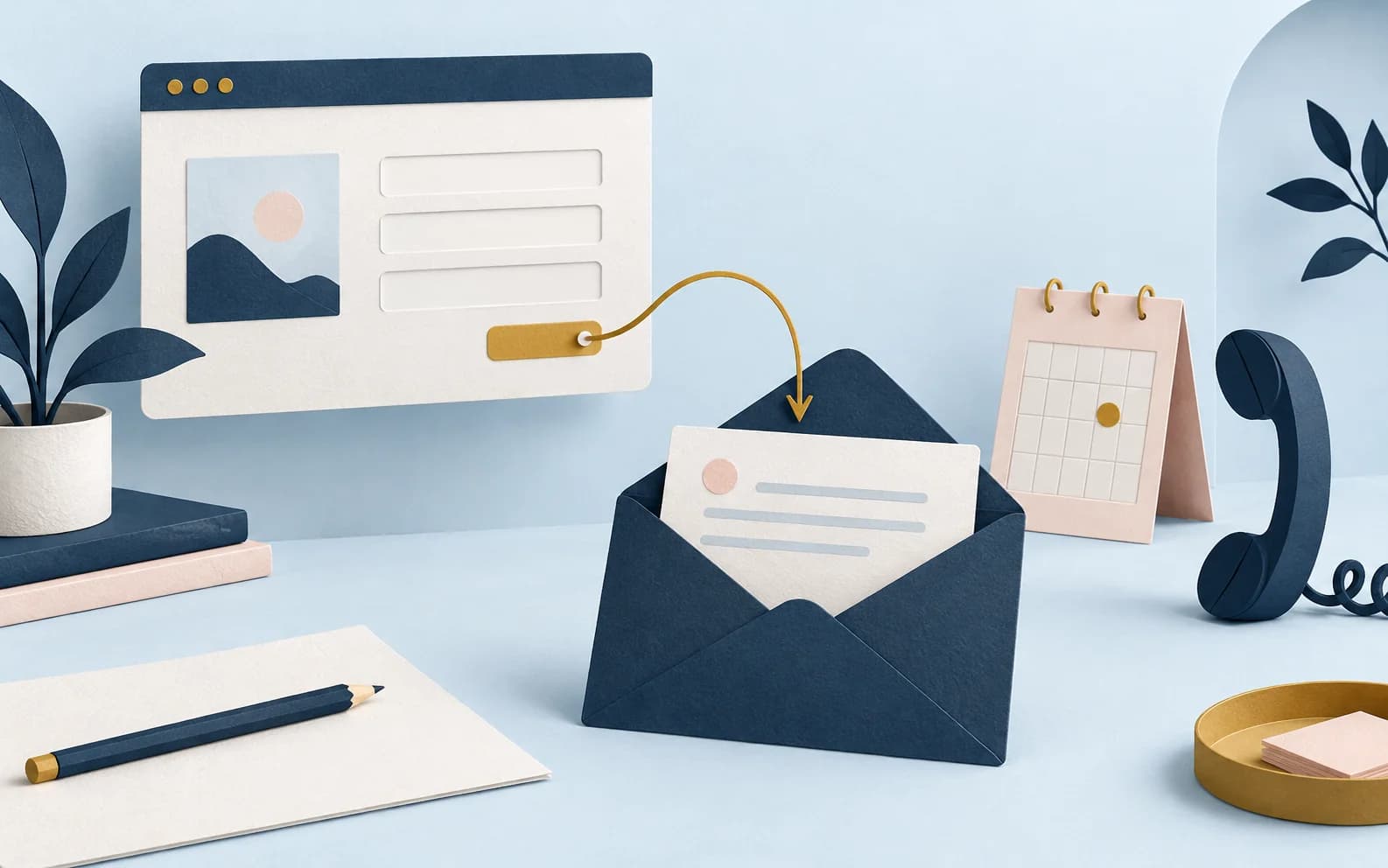 A paper website form linked to an envelope, telephone and calendar.