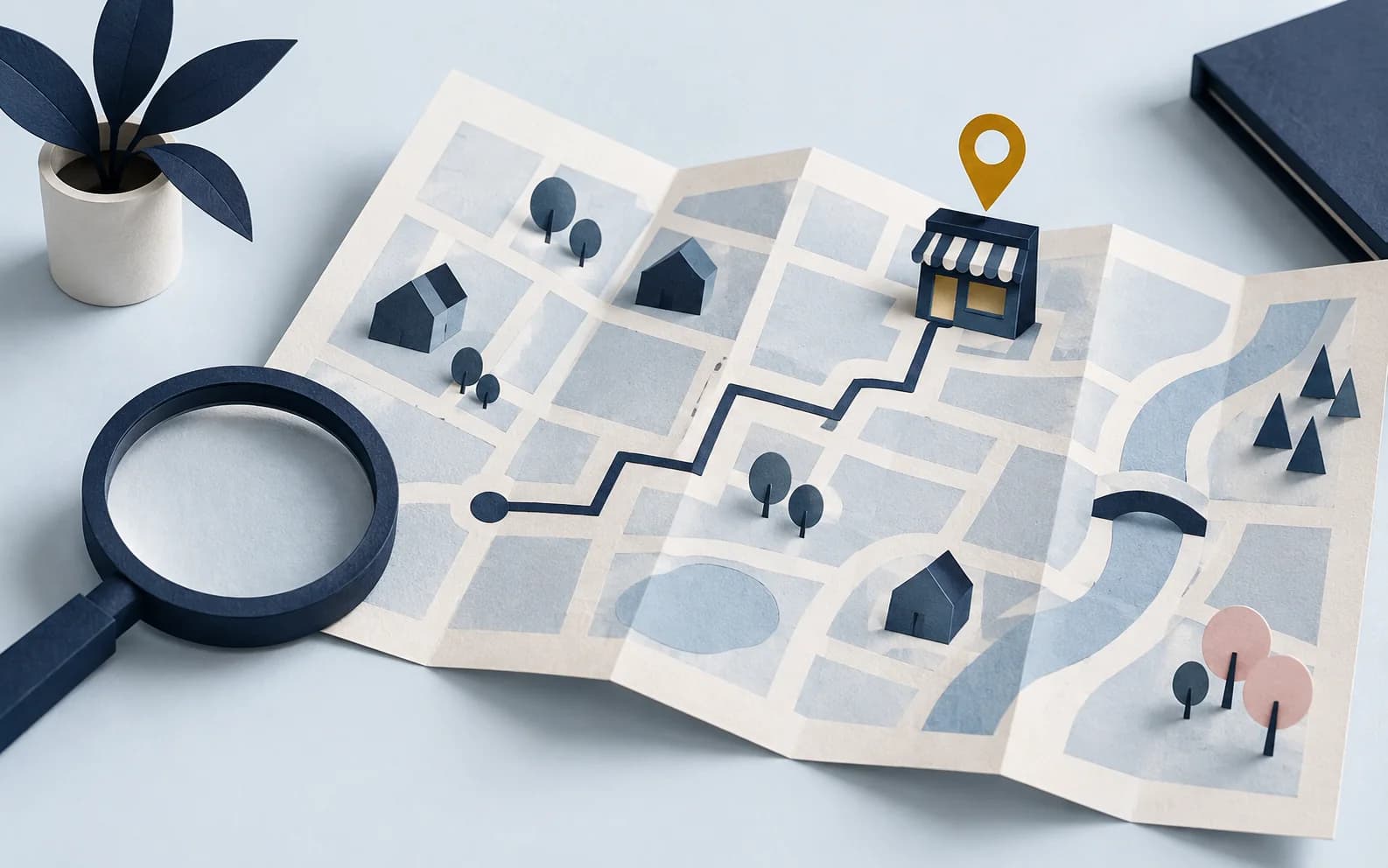 A folded paper map with a local storefront and a gold location pin.