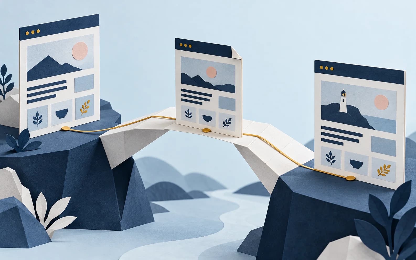 Paper website pages connected by a bridge and a gold path.