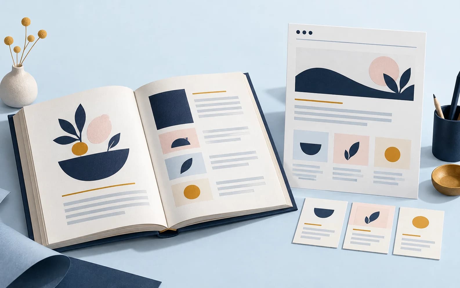 An open navy cookbook beside a website page and matching index cards.