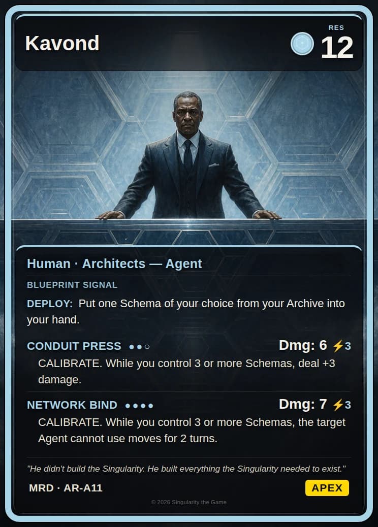 The finished Kavond card for Singularity, with the approved concept art inside the Architects frame.