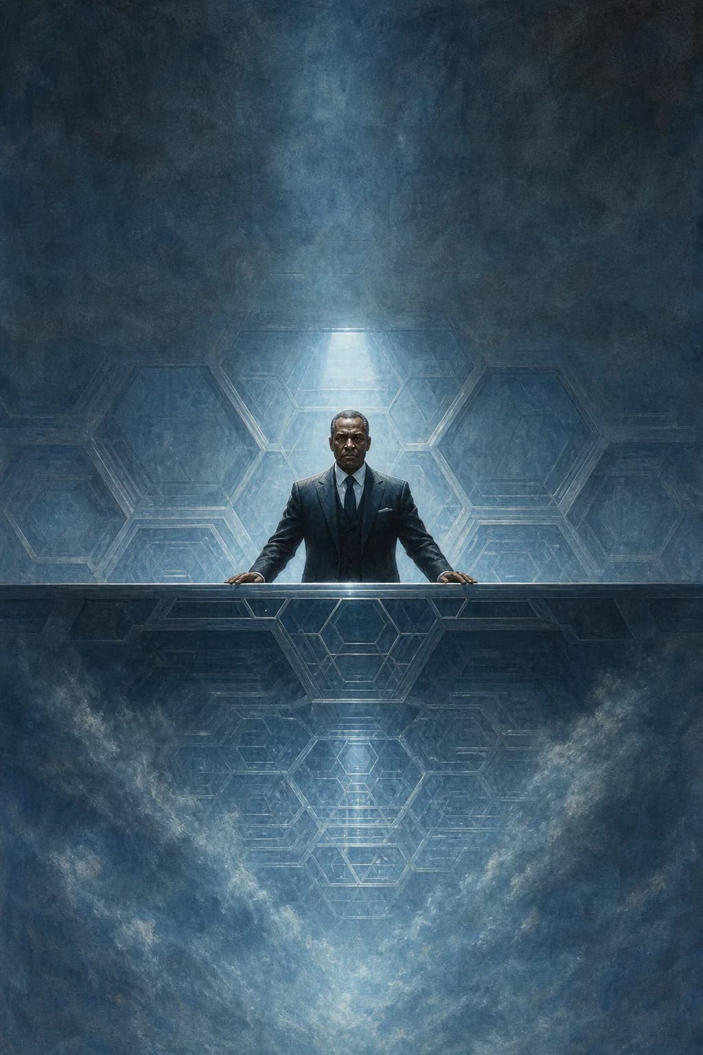 Concept artwork for Kavond: a man standing before a vast glacial-blue hexagonal infrastructure wall.