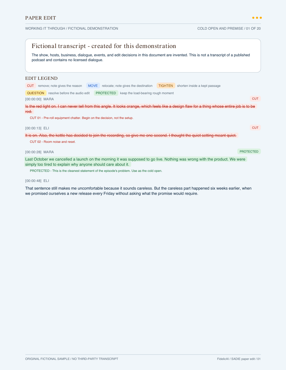 The first page of a fictional podcast paper edit. A disclosure and color legend define cuts, moves, tightening, questions, and protected passages above an original timestamped transcript.