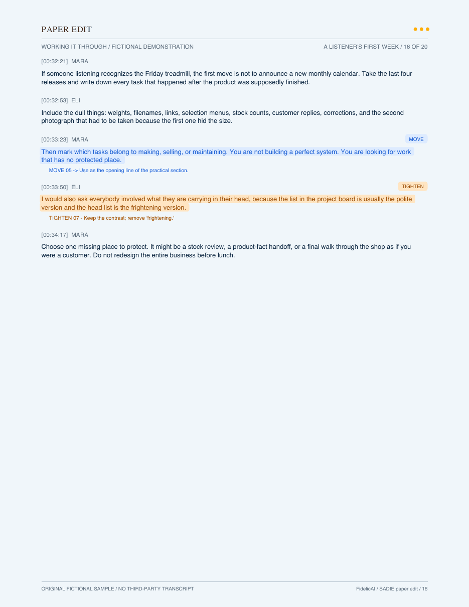 A later page of the fictional podcast paper edit with a blue move recommendation, an orange tightening recommendation, and timestamped dialogue left unchanged.
