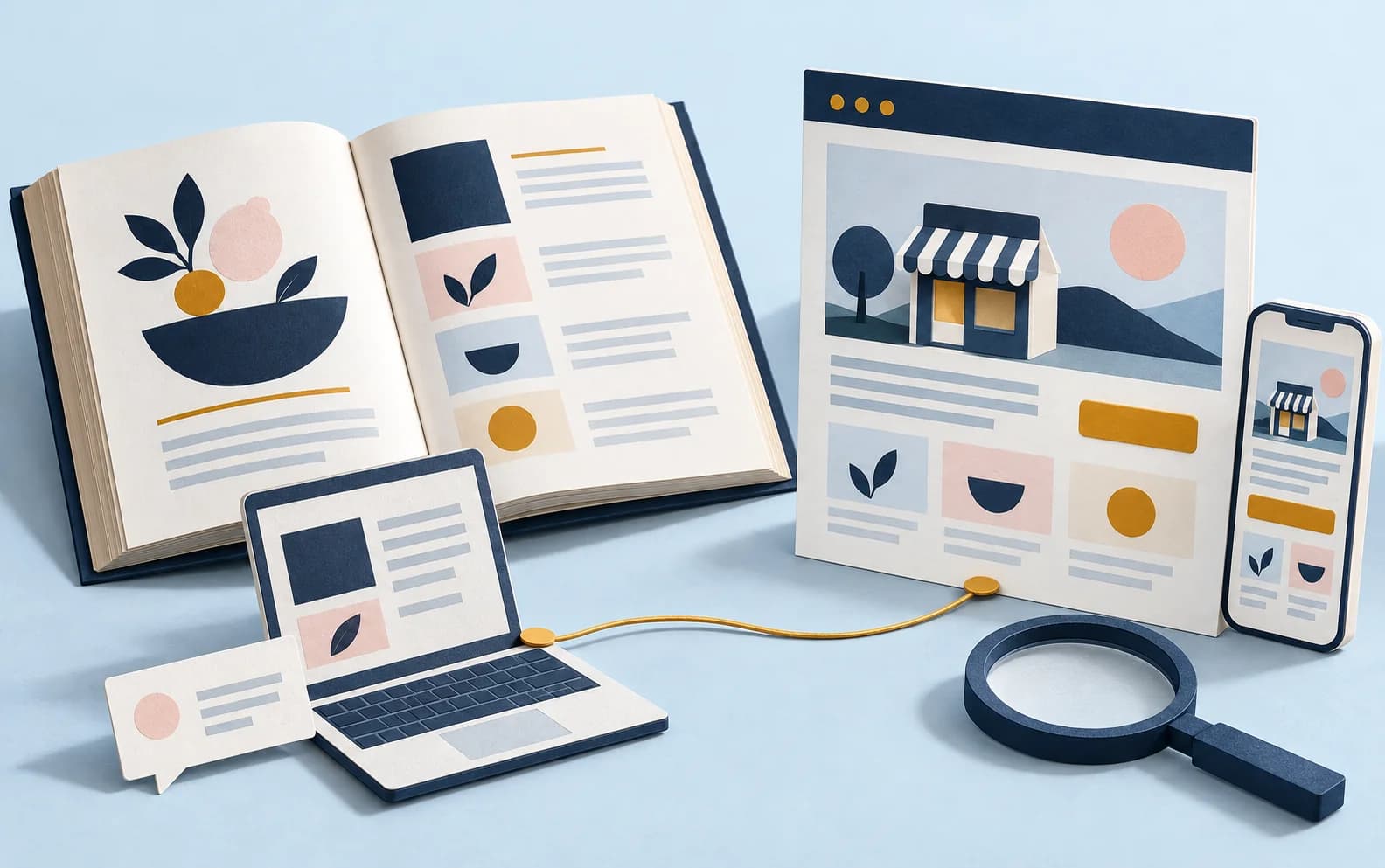 A paper cookbook and laptop linked by a gold thread to a local-business website and matching phone, with a magnifying glass beside them.
